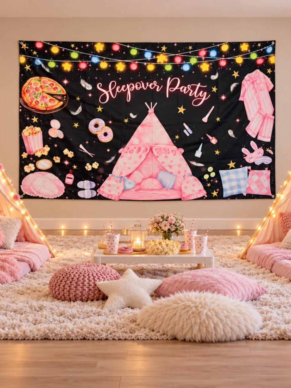 Mocsicka Black Sleepover Backdrop Slumber Party Girls Night 70.8x43.3 NWT